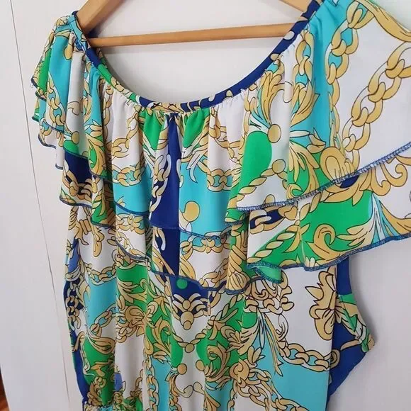 International INC Company Blouse White Blue Green Gold  Ruffled NeckWaist… - Picture 8 of 10